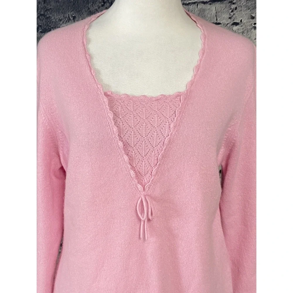 ERDOS Sweater Womens 105 Pink Cashmere Blend V Neck Bow Knit Pullover Top